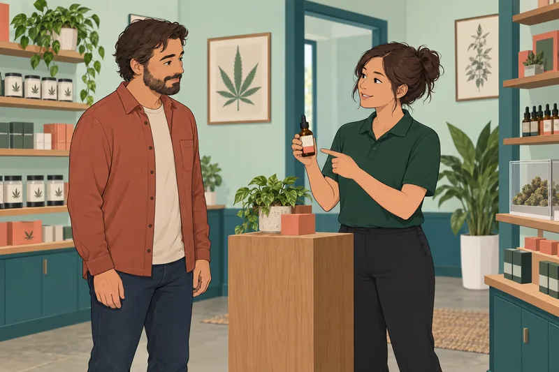 Dispensary Quiz shows clerk explaining a labeled bottle.