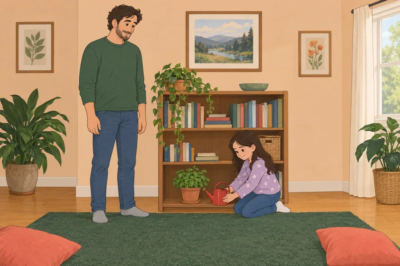 La distribución de roles aparece cuidando una planta.