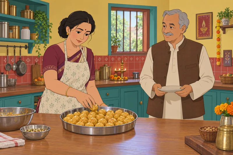 Diwali Quiz shows sweets in a kitchen.