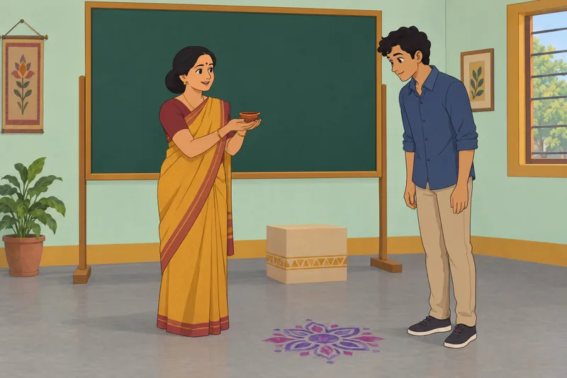 Diwali Quiz shows a teacher with a diya.