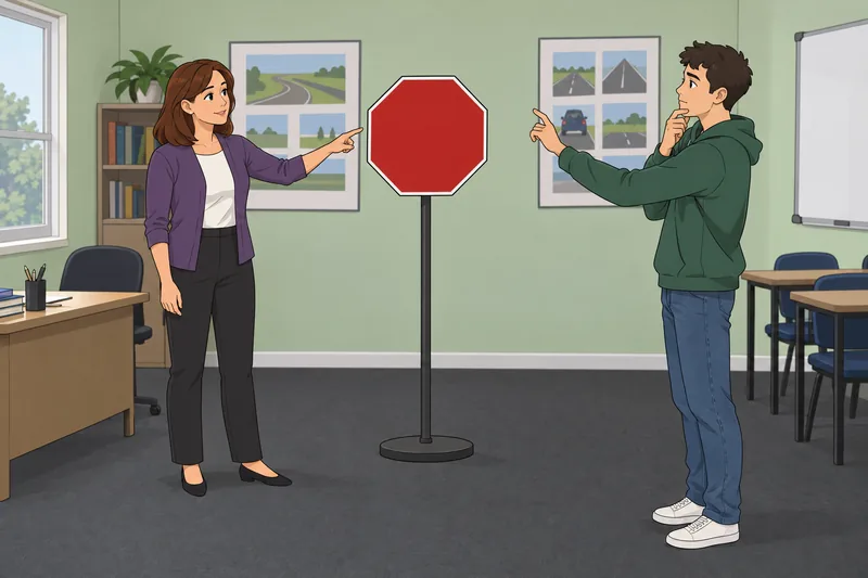 DMV Quiz: learner studies a traffic sign.