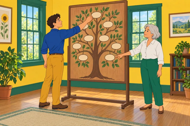 DNA Test Online genealogy workshop with family-tree board.