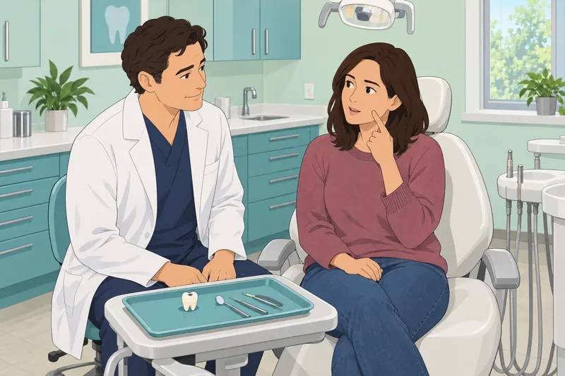 cuestionario ¿Tengo una? Dentista señala una mancha.