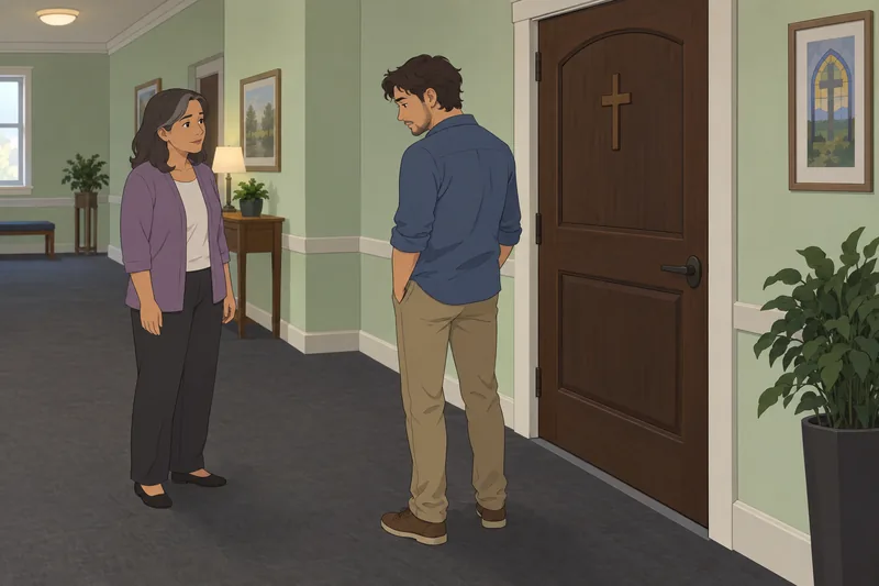 Do I Have: adult pauses by closed door.