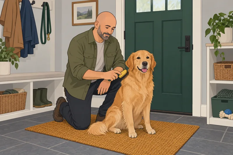 Do I Need care? Adult brushes a dog.