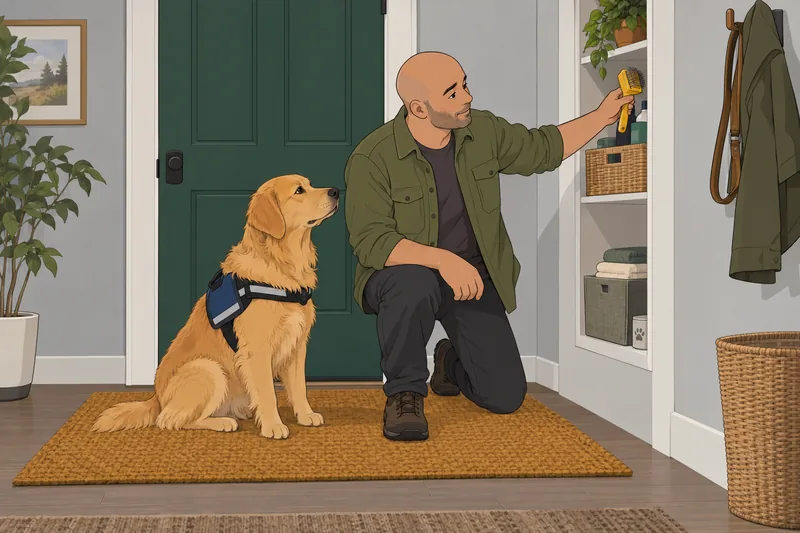 cuestionario ¿Necesito un perro? Adulto cepilla al perro.