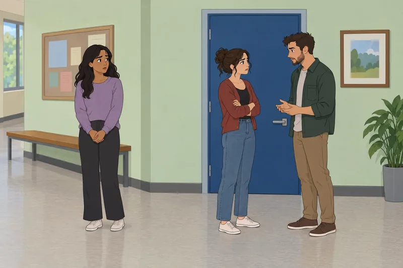 Do My Friends pause outside a closed door.