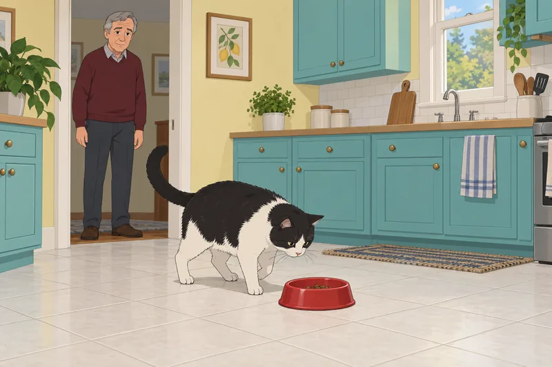 Does My Cat? A bowl-side pause draws attention.