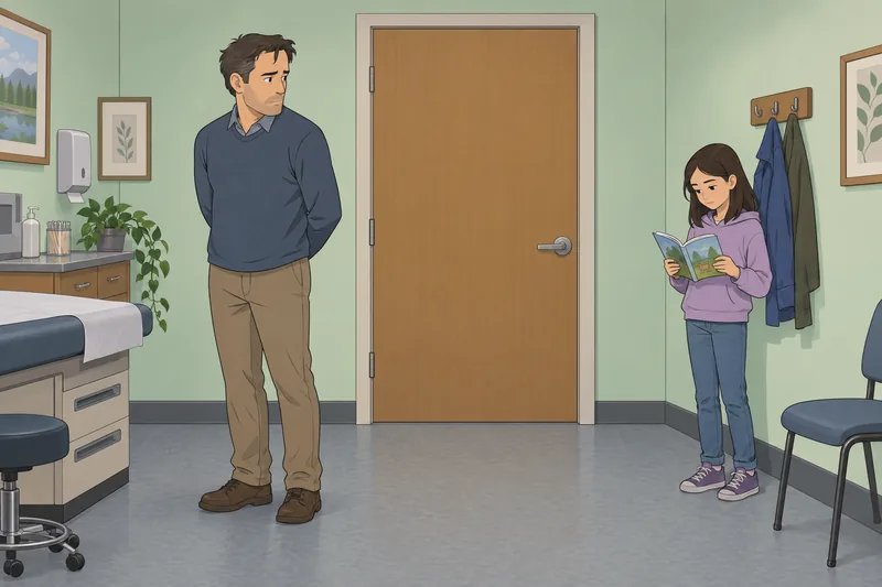 Does My Dad: Girl waits by clinic door.