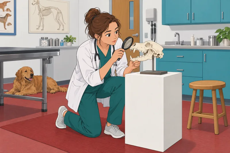 Dog Anatomy Quiz examines a canine skull model.