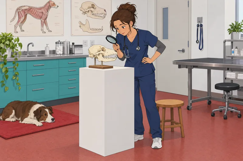 El cuestionario de anatomía examina un cráneo canino.