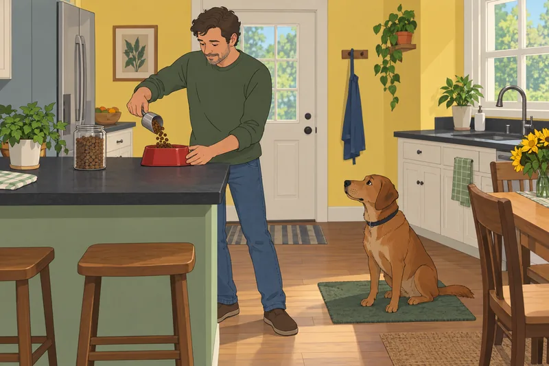 Dog Food Quiz: owner measures a kibble portion.