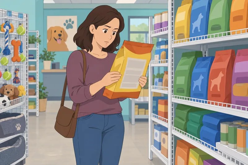 Dog Food Quiz: shopper studies a sealed bag.