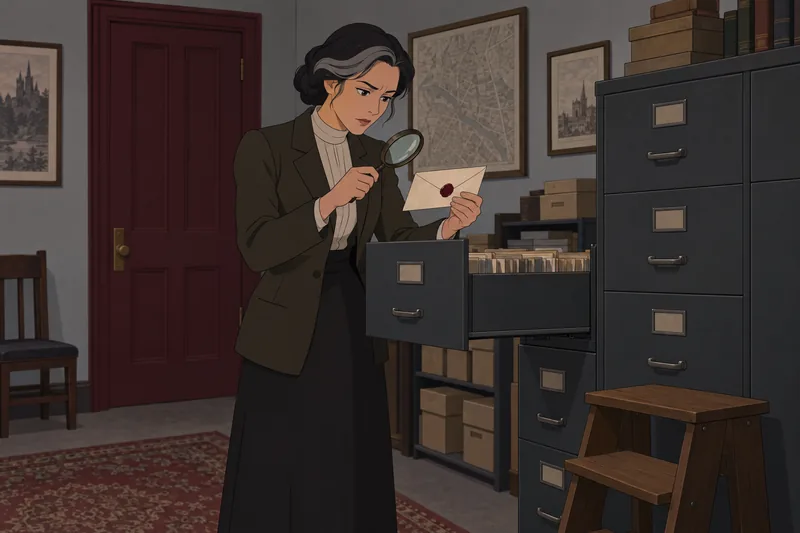 Dracula Quiz archivist inspects a sealed envelope.