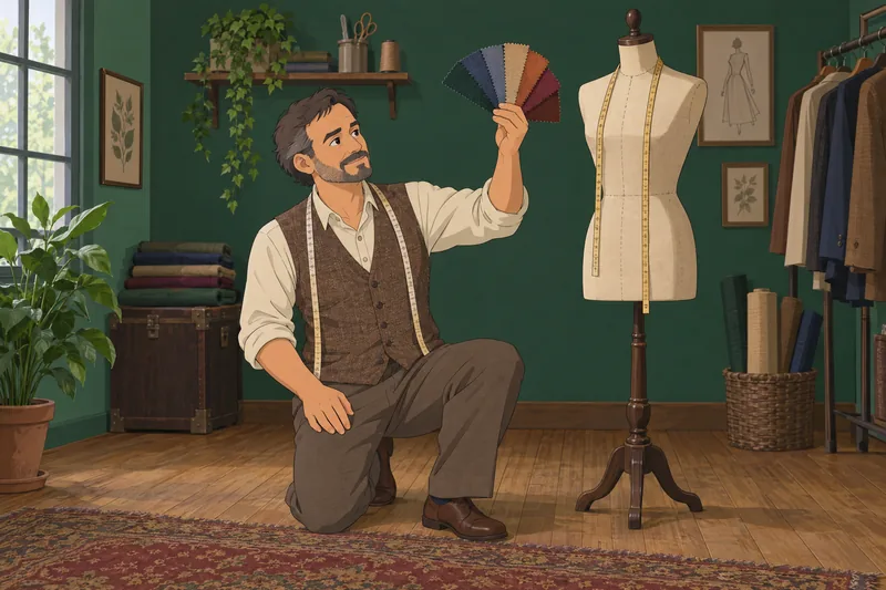 Dress Quiz shows a tailor assessing fabric.