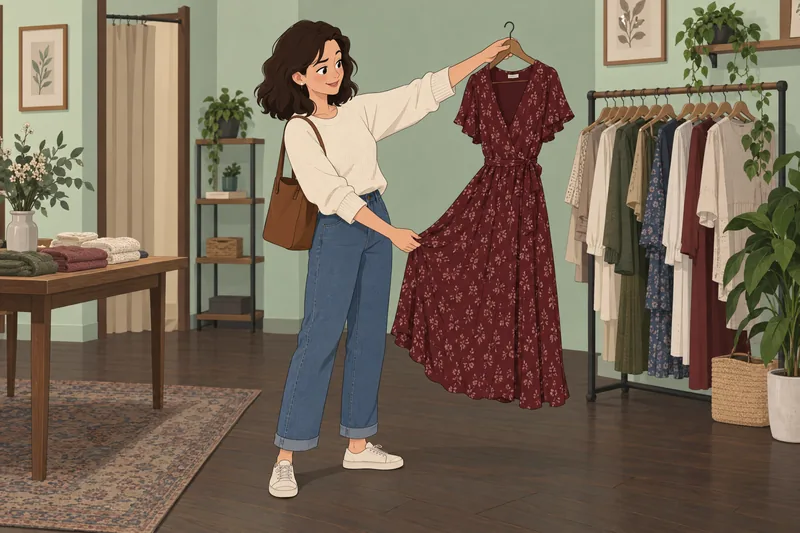 Quiz de vestidos muestra una compradora atenta.