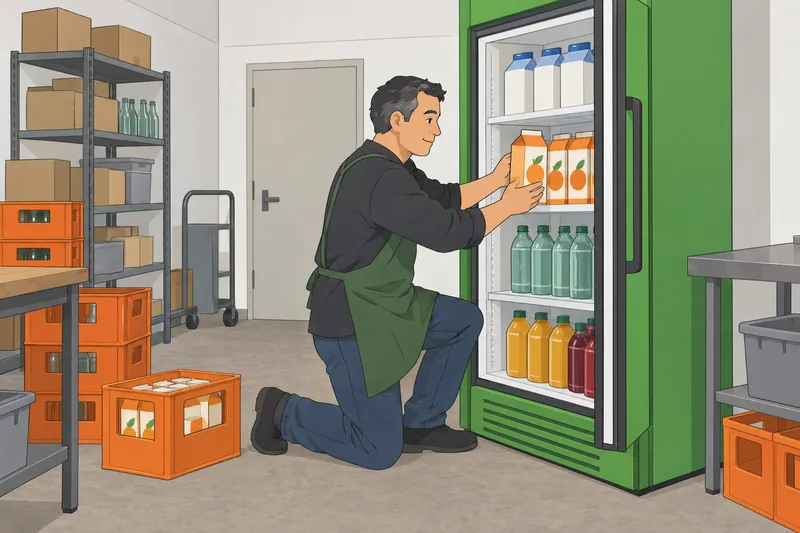 Drink Quiz worker stores a juice carton.