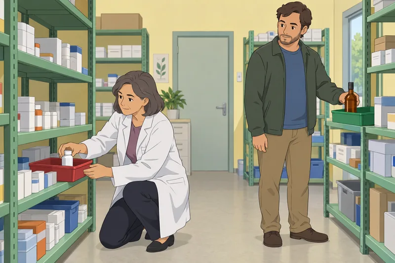 Drug and Alcohol guidance in pharmacy stockroom.
