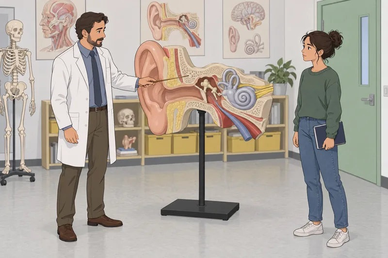 Ear Anatomy Quiz: instructor studies an ear model.