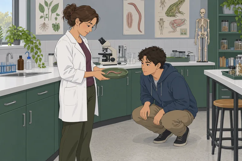 El cuestionario sobre la anatomía examina una lombriz.