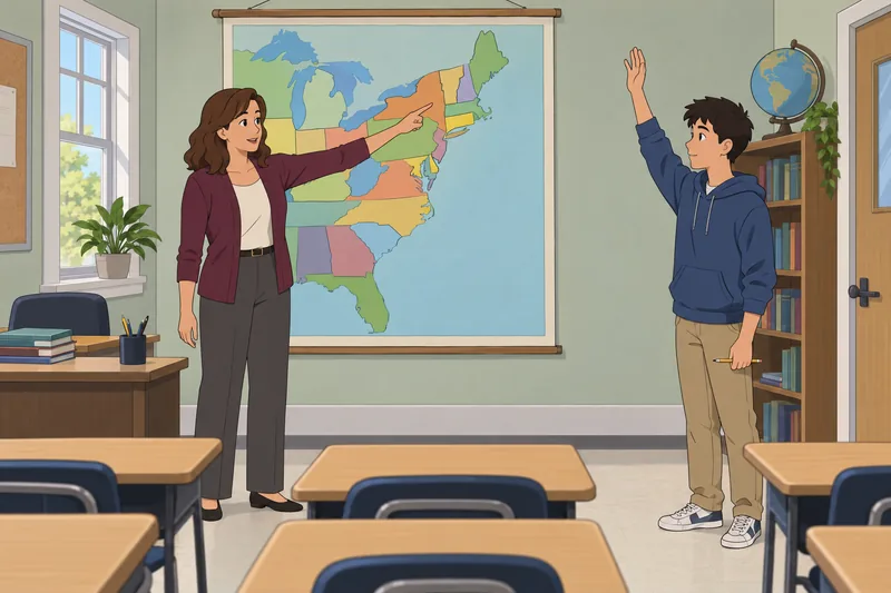 Eastern States and capitals fill a classroom map.