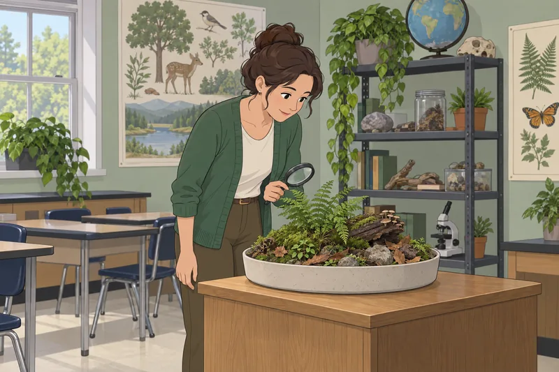 Ecology Quiz: a teacher studies a habitat tray.