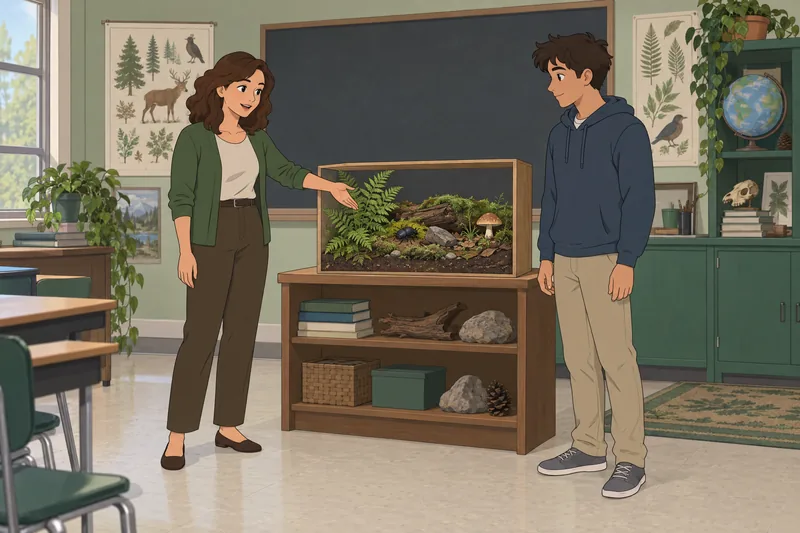 Ecosystem Quiz shows a classroom habitat model.