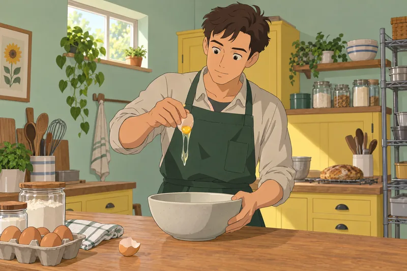 Egg Quiz shows a baker examining an egg.