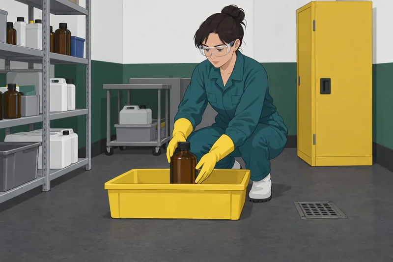 EHS Quiz shows safe containment of chemical waste.