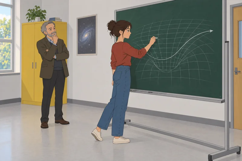 Einstein Quiz follows a student sketching spacetime.