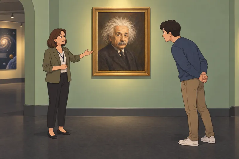 Einstein Quiz: a guide presents Einstein’s portrait.
