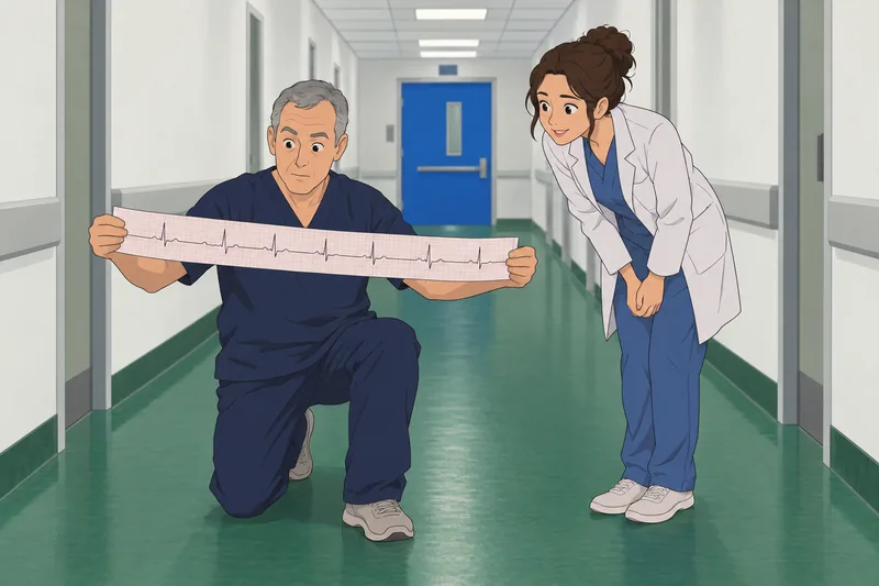 EKG Quiz shows technician examining a tracing.