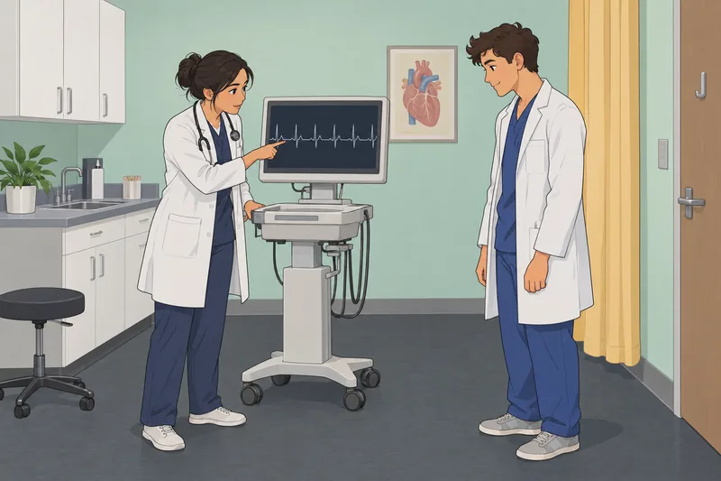 EKG Quiz shows clinician reviewing a rhythm monitor.