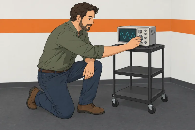 Electrical Engineering Quiz: instructor adjusts an oscilloscope.