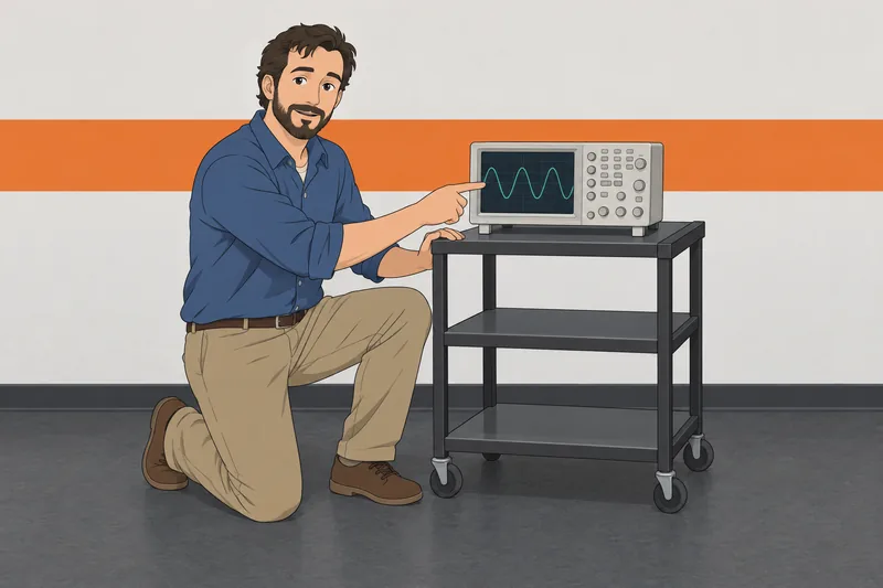 cuestionario de ingeniería: instructor ajusta un osciloscopio.