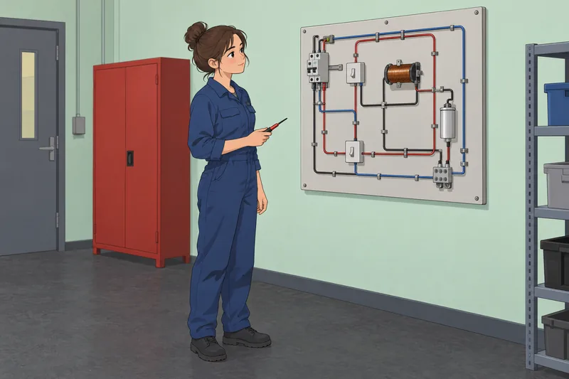 cuestionario de ingeniería: aprendiz revisa un panel.
