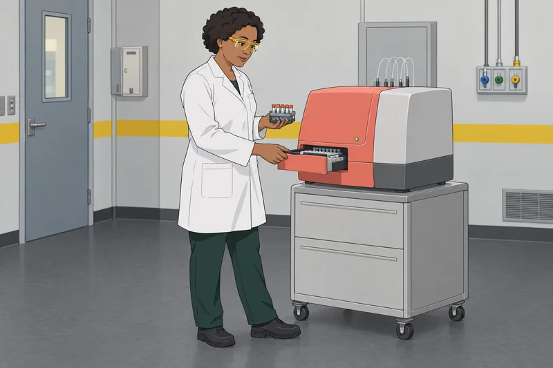 Electrophoresis Quiz shows a technician checking an analyzer.