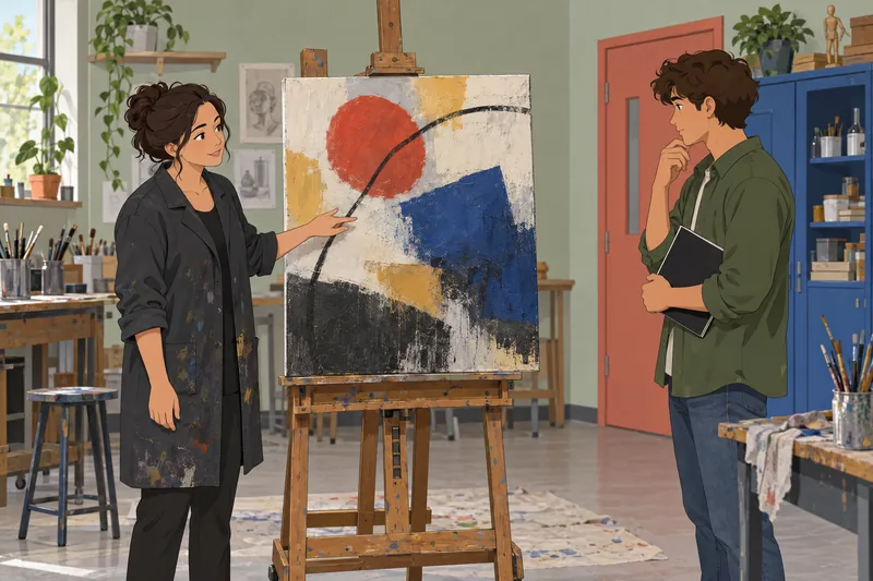 Elements of Art students inspect a painted canvas.