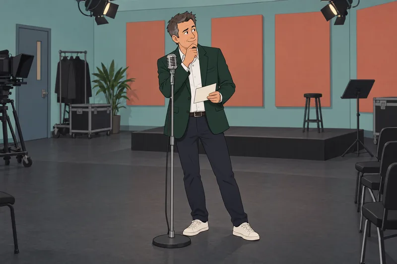 Ellen DeGeneres Quiz beside a studio microphone.