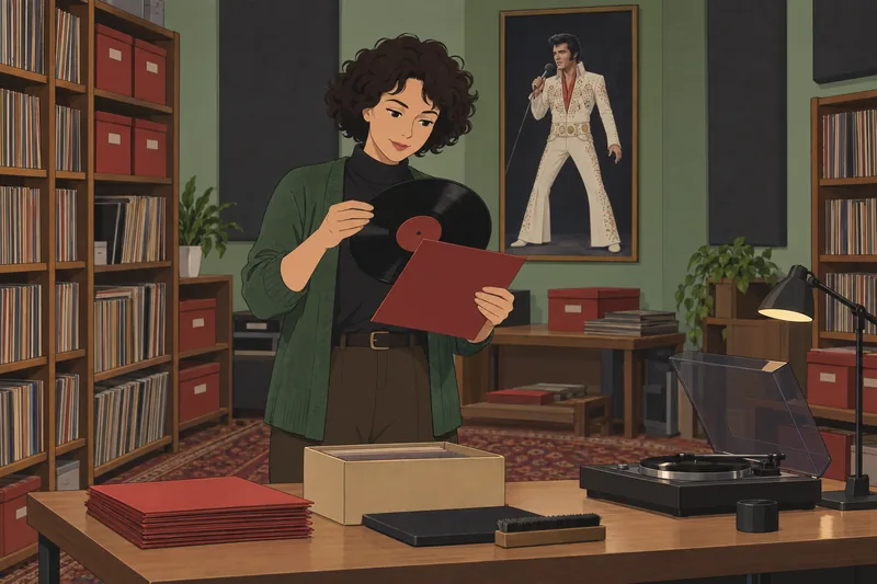 Elvis Quiz shows an archivist lifting a record.