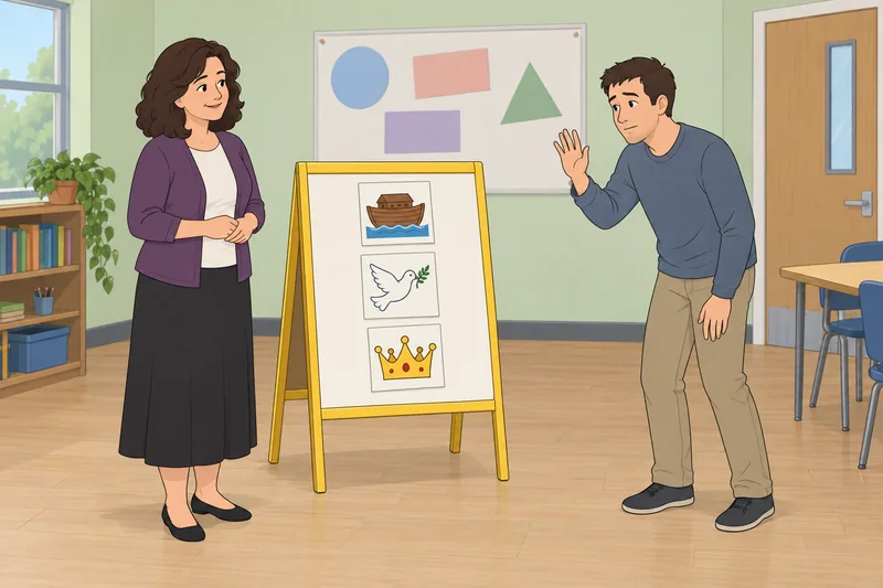 Quiz bíblico con pictogramas guía la clase.