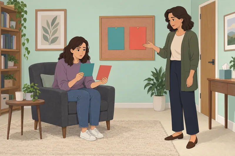 Emotional Awareness Test: woman compares emotion cards.
