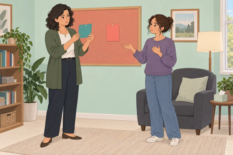Prueba de conciencia: mujer compara tarjetas emocionales.