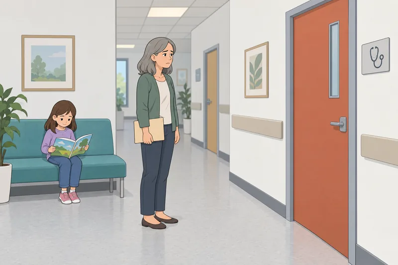 Maternal Emotional Burnout waits beside a clinic door.