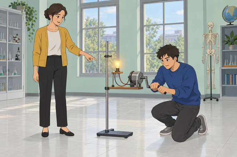 Energy Transformation Quiz: Student turns a hand-crank generator.