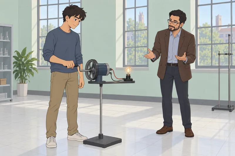 cuestionario sobre transformaciones: estudiante gira un generador manual.
