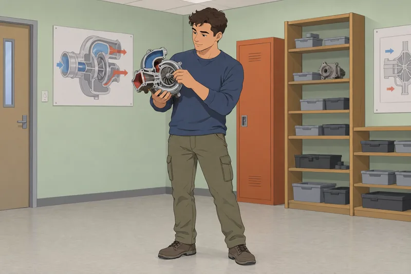 Engine Parts Quiz shows turbocharger study in class.