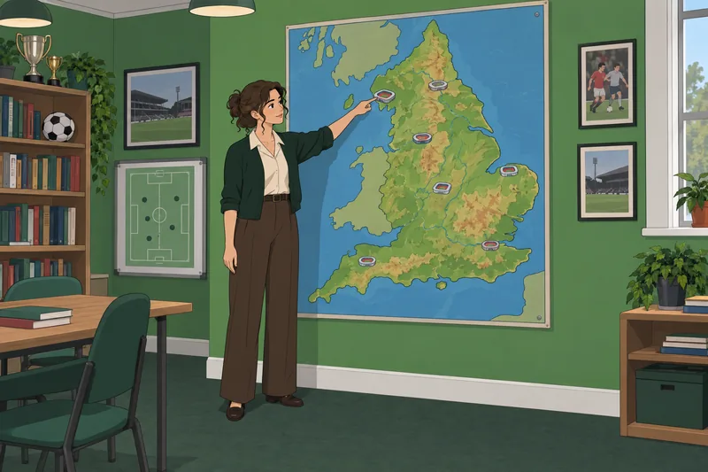 English Football Grounds guide studies a stadium model.