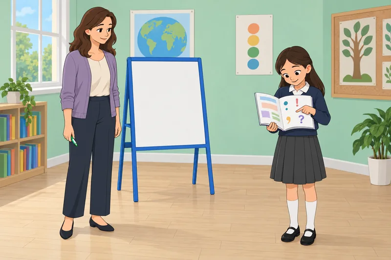 El cuestionario de gramática aparece en un aula.