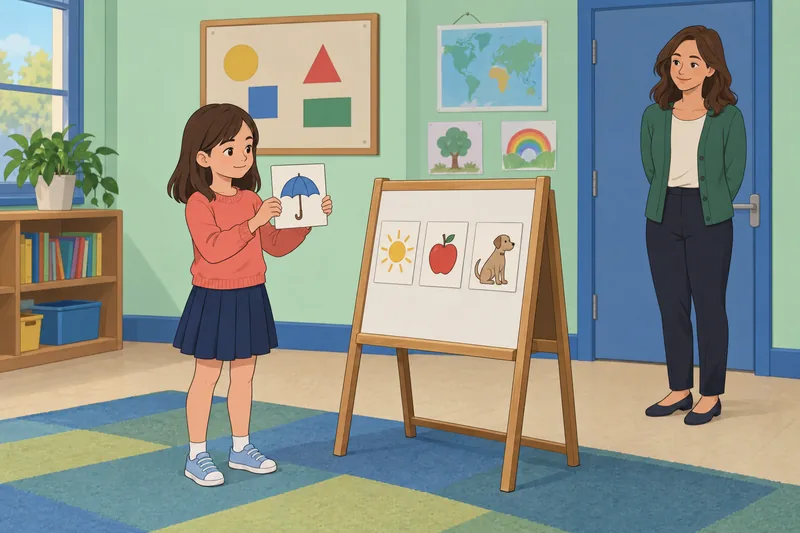 cuestionario de inglés: niño clasifica tarjetas.